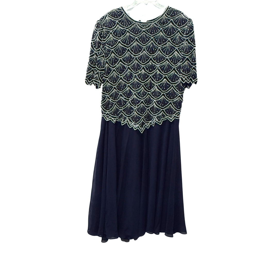 Laurence Kazar Navy Blue Beaded Sequin Formal Evening Dress Plus Size 2X‎ Mother